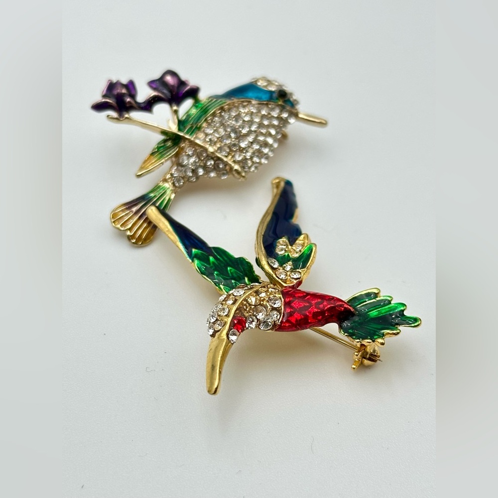 Lot 2 Rhinestone Enamel Bird Brooch Pin Hummingbird Floral Colorful Set - Picture 2 of 4